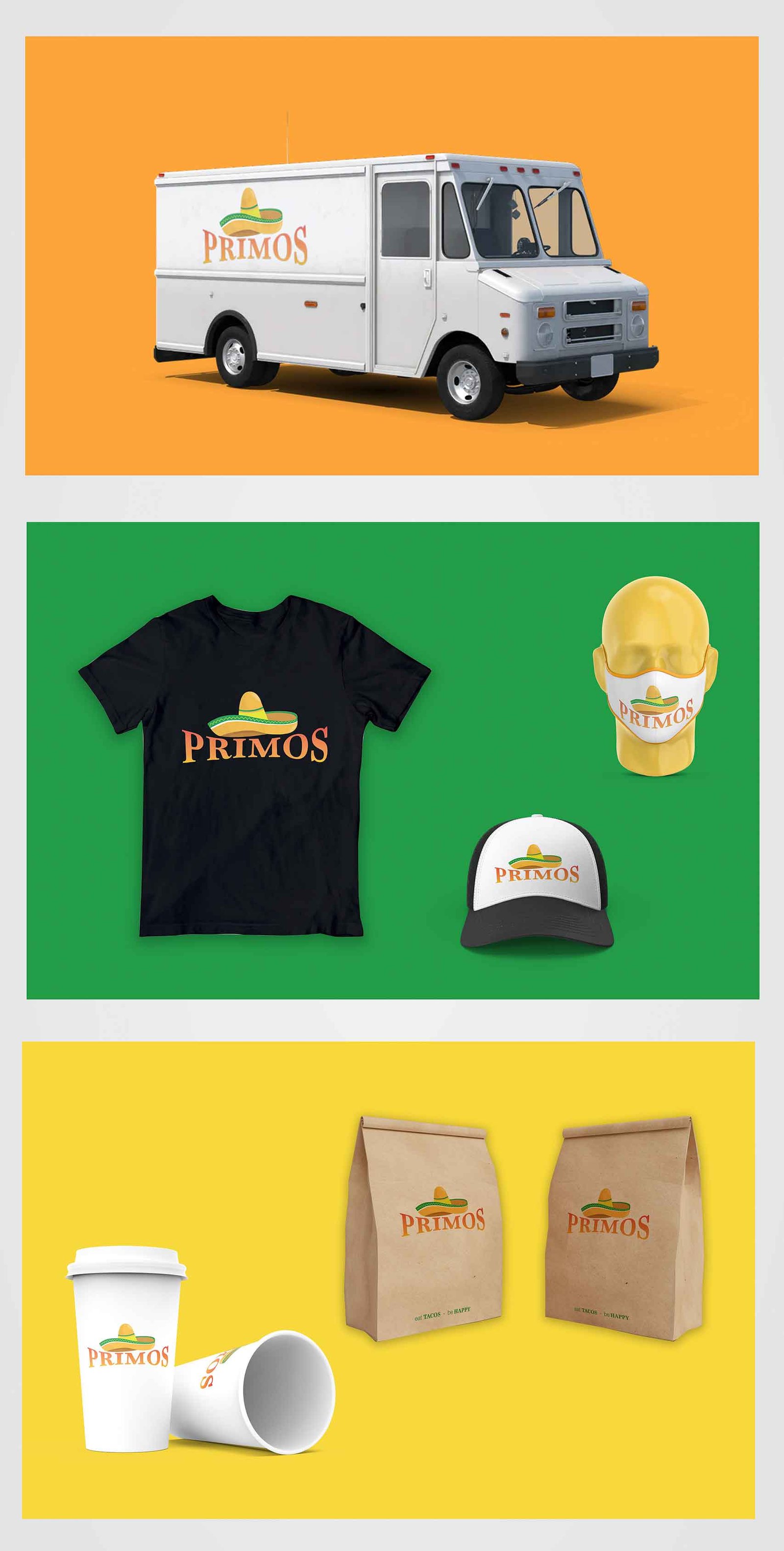 truck, shirt, mask, cup and back with hat logo